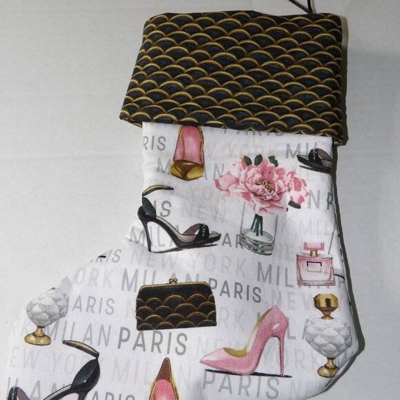 High Heels Pocket books Flowers Paris 14" Hand Crafted Christmas Stocking - Picture 8 of 9